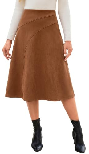 Fashora Jupes Femme Mi Longue Hiver Simili Cuir Daim | Taille Haute, A-ligne, Extensible, Fermeture Éclair, Faux Daim, Chic et Elegant, Printemps, Automne, Hiver