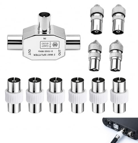 11 pcs Distribuidor TV, Divisor Antena TV Coaxial DVB-T2 en T, Divisor Antena Metal 2 Salidas Hembras 1 Entrada Macho, Adaptador Coaxial RF para Televisión, PVR, DVD, Grabadora y Conexión Múltiple