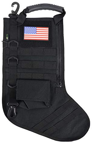OSAGE RIVER Tactical Christmas Stocking with USA Patch, Handle, MOLLE Webbing, Zip Pocket, Christmas Stocking Gift for Patriotic Firefighter Army Police Veteran, Black