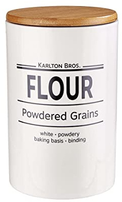 BUTLERS Vorratsdose Flour 1100ml- KARLTON BROS.- Mehlbehälter aus Porzellan mit Holzdecke, Küchenzubehör im Landhausstil, Vintage Deko für Küchenorganisation und Aufbewahrung von Mehl