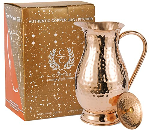 Pure Copper Pitcher with a Lid, Large Size Solid Handcrafted Copper Water Hammered Jug, Capacity 70 Oz/2000ml, Copper Carafe For Home, Hotels & Gifting