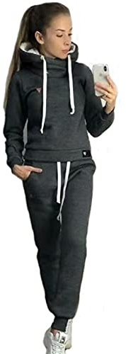 Joligiao Tuta da Ginnastica Donna Tuta per Tempo Libero da Donna in Pile 2 Pezzi Invernale Caldo Felpa con Cappuccio Pullover Top Pantaloni Lunghi (Grigio intenso,XL)