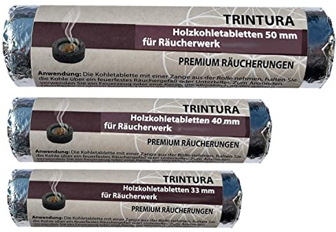Trintura Rökkol lämplig för rökning självtändande kol, koltabletter för rökelse, rökelsepanna och rökelsebrännare (set 33,40,50 mm)
