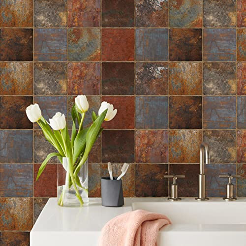 Tile Stickers 15x15 Cm Rusty Color Stick on Tiles Kitchen Splashback Peel and Stick Floor Tiles 3D Self Adhesive Kitchen Wall Tile Stickers DIY Art Home Decorations