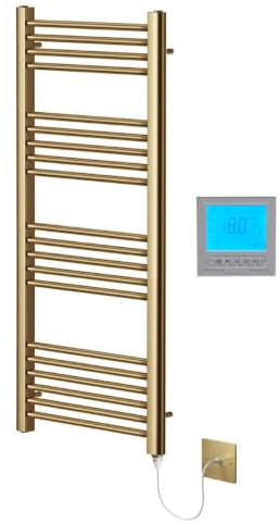 Greened House Brushed Brass Electric Towel Rail 400mm W x 1200mm H + Timer