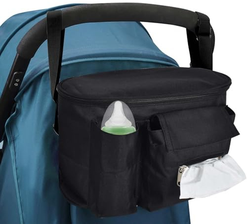 Organizer per Passeggino Universale, Borse Contenitore per Manubrio per Passeggino, Borsa per Passeggino Accessori per Neonati con Tasca con Cerniera, Tracolla e Spazio per Pannolini e Telefoni (Nero)