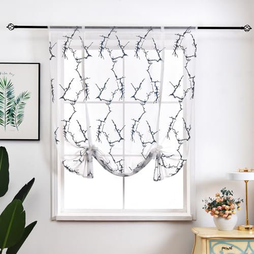 Raffrollo Mit Schlaufen, Raffgardinen Gardinen Küche Bindegardine Transparent Schlaufenrollo Vorhänge Mit Stickerei，1 Stück (BxH 80x120cm,Dunkelblau)