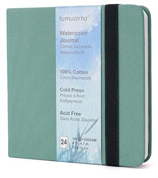 tumuarta Aquarell - Blocco da disegno, 12 x 12 cm, 300 g/m², 100% cotone, pressato a freddo, 24 fogli, 48 pagine, ad acquerello, per l'uso come album da viaggio e blocco note multimediali misti