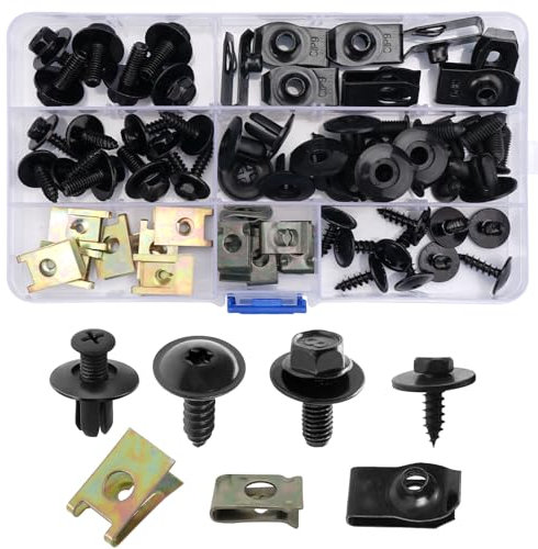 64 Pièces U Clips Et Des Vis Kit, Assortiment de Vis et d'ecrou Cage U-clip Voiture, Universal Metal U-Nuts, Clips en Plastique Rivet Fixations, pour Ailes Voitures et Panneau Porte Intérieur
