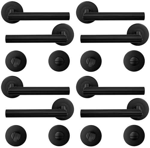 HAIFUAN Lot de 4 poignées de porte à levier en acier inoxydable avec bouton de salle de bain, ensemble de poignées de verrouillage de porte, barre de main de porte, couleur noire (S02-103BK-B-4)