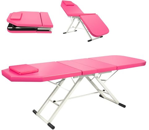 OUBUBY Massagesäng med 3 zoner, bärbar massagesoffa, höjdjusterbart massagebord med nackstöd, 185 x 60 x 85 cm, massagesäng, hopfällbar, bärbar sjukgymnastik (rosa)