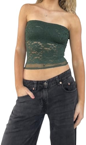 Women Sexy Y2k Sleeveless Lace Tube Tops Off Shoulder Backless Bandeau Tank Crop Top Summer Going Out Vest Shirt (Army Green, S)