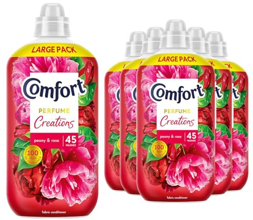 Comfort Peony & Rose Fabric Conditioner 45 Washes 1.35L Perfume Creations Fabric Softener, Lasting Freshness and Softness with Motion-Activated Technology for 100 Days, 6 Pack