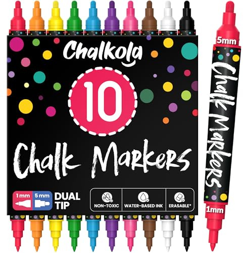 Chalkola Dual Tip Liquid Chalk Markers for Blackboard (10 Pack, 1mm+5mm Fine, Bold) - Dry Erase Marker Pens for Chalkboards Signs, Car Windows, Glass, Mirrors - Erasable Chalkboard Markers
