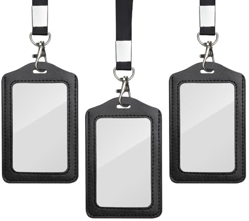 TNSLAND 3PCS Porta Tarjetas Identificativas, Cuero PU Negro con Cordón, Funda Tarjeta Identificación Vertical Transparente, Porta Carnés Colgante para Oficina, Escuela, Identificación del Personal