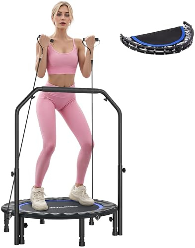 SPORTNOW Trampolín de Fitness Adultos Ø102 cm, Cama Elástica Plegable con Mango Ajustable de 4 Niveles y Bandas, para Entrenamiento Piernas Cuerpo en Hogar Oficina Gimnasio Exterior, Carga 150 kg Azul