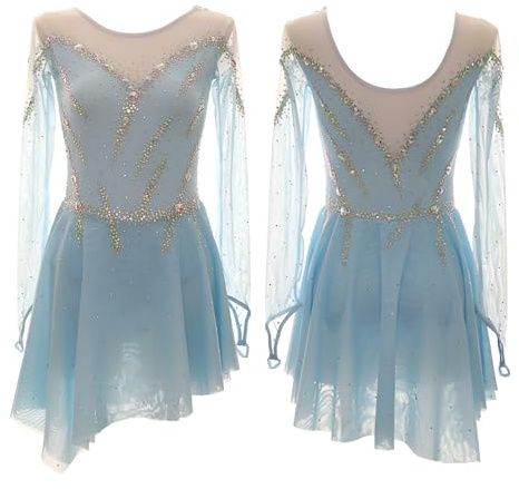 Robe De Patinage Artistique À Manches Longues for Fille, Robe De Patinage Sur Glace Haute Élasticité for Femme Avec Cristaux, Tenue De Danse