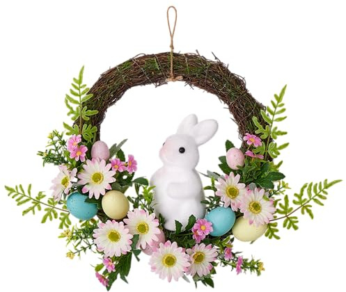 Easter Wreath, Easter Decorations 16inch Easter Front Door Wreath with Easter Bunny and Colorful Flowers and Decorative Eggs, Spring Front Door Decoration for Home Party and Holiday Celebrations