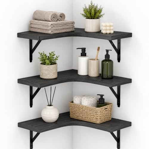 XQLY Corner Floating Shelves Wall Mounted Set of 3, Rustic Paulownia Wood Display Storage Shelves, L-Shaped Corner Wall Organizer for Bedroom Living Room Bathroom Kitchen Office Farmhouse Home Decor
