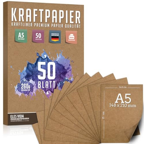 50 Blatt Kraftpapier A5 Set - 260 g - 14,8 x 21 cm - DIN Format - Bastelpapier & Naturkarton Pappe Blätter aus Kraftkarton zum Drucken, Kartonpapier Basteln für Vintage Hochzeit Geschenke Etiketten