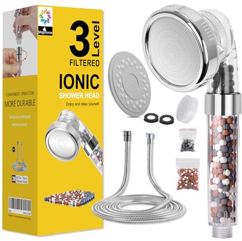 Pommeau de Douche, Magichome Pommeau Douche Anti Calcaire avec Tuyau Économiseur d'Eau Haute Pression Filtre à Système de Filtrage Ionique (3 Filtration + Tuyau)