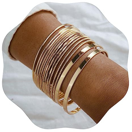 Xerling 14Pcs Golden Boho Indian Multi Bangle Bracelet Set Punk Chunky Stackable Textured Bracelets for Women Layered Cable Smooth Bracelets