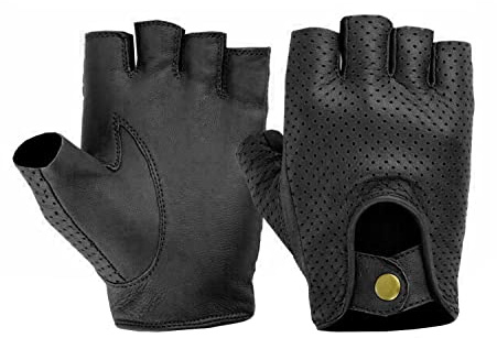 Swift Wear Mens Driving Leather Half Finger Fingerless Gloves Biker Cycling Wheelchair Motorcycle Gym Gloves (M, Black)