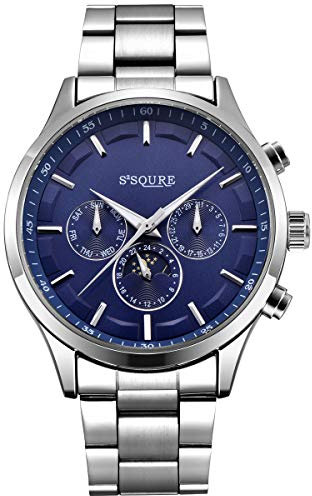 Alienwork Automatikuhr Armbanduhr Herren Damen Silber Edelstahl Metallarmband Kalender Blau Multi-Funktion Glasboden