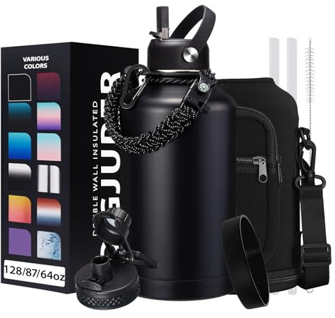 DIGJUPER Insulated Water Bottle 64oz - w/Paracord Handle, Straw & Spout Lids, Carrier Bag, Half Gallon Sport Stainless Steel Water Flask Jug, Thermo Mug Double-wall Vacuum Water Bottle