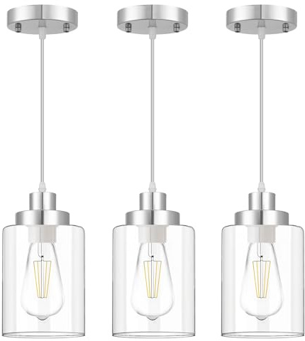 WimiSom Industrial Pendant Lighting, Modern Clear Glass Shade Pendant Lights, Adjustable Hanging Light Fixtures, Farmhouse Pendant Lighting for Kitchen Island Living Room Bedroom Hallway 3-Pack