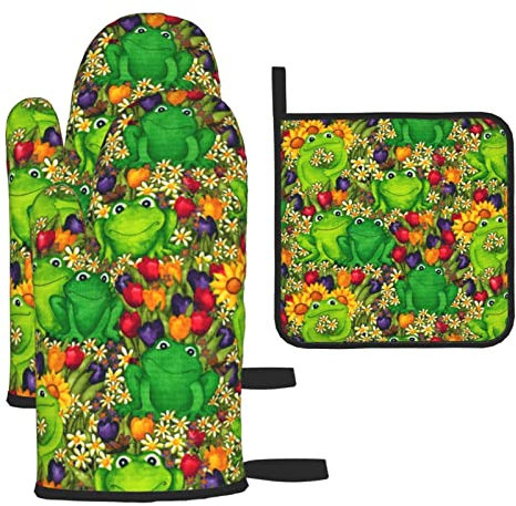 Frosch Ofenhandschuhe und Topflappen-Set: hitzebeständig, 3-teiliges Küchen-Set für Küche, Kochen, Backen, hitzebeständig