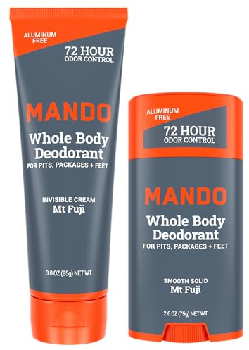 Mando Whole Body Deodorant - Invisible Cream Tube and Solid Stick - 72 Hour Odor Control - Aluminum Free, Baking Soda Free, Skin Safe - 3.0 Ounce Tube and 2.6 Ounce Solid Stick Bundle - Mt Fuji