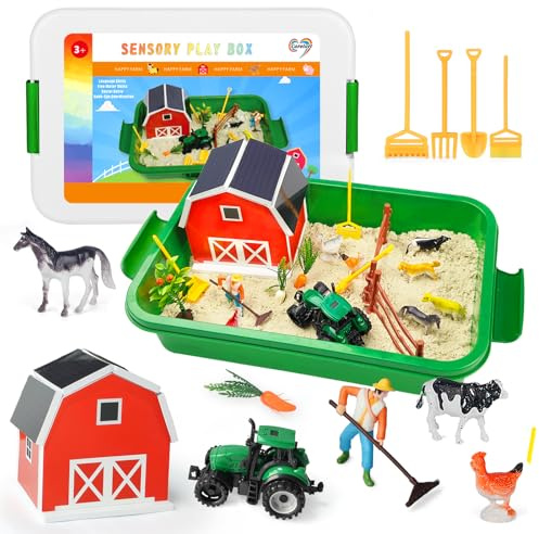 Carolart Farm Sensory Bin，Farm Animals Sand Kit with Sensory Sand，Barn Sandbox with Tractor，Sensory Play Sand Set for Kids 3 4 5 6 7