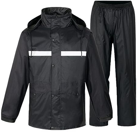 Combinaison de Pluie Unisexe avec Capuche Amovible Veste et Pantalon de Travail Imperméable Réfléchissant pour Hommes et Femmes (FR/ES, Alpha/lettres, S, Taille normale, Taille normale, Noir)