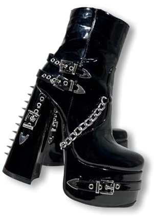 Frankie Hsu Bottines gothiques à talons hauts à plateforme pour femme, noir verni avec chaîne argentée et rivets punk Y2K Hot Girl Gothique, grande taille pour homme et femme, noir, 44 EU