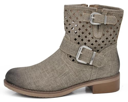 IF Fashion Bottes bottines Biker motard femme percé avec boucles printanières d'été en cuir synthétique effet jeans GR-6656, 37 EU