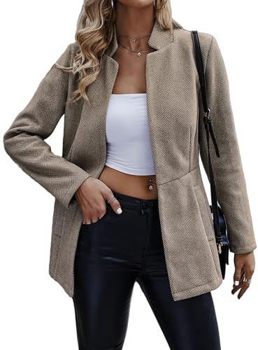 Jhsnjnr Donna Aperto Anteriore Elegante Blazer Manica Lunga Collo Alto Caldo Giacca Lunga Cappotto Business Tweed Tuta Giacca, cachi, M