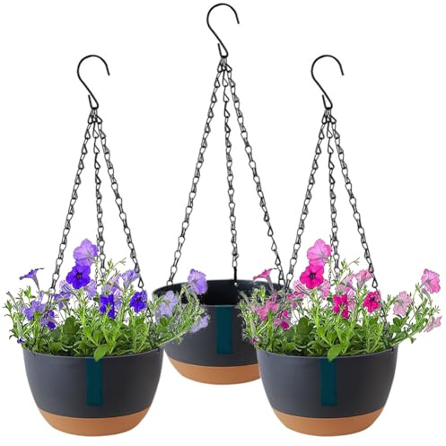 3 vasi da fiori da appendere per interni ed esterni, con ganci rotondi, per piante con fori di drenaggio e sottovaso rimovibile, per casa, giardino, balcone (grigio)
