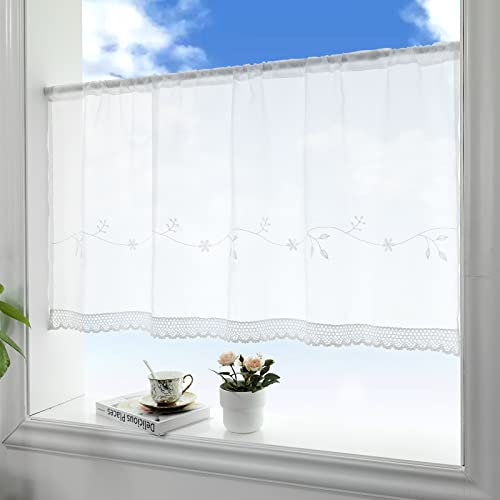choicehot Voile Spitze Kurzgardine,Halbtransparent Stickerei Kurzstores Gardinen, Scheibengardinen, Bistrogardine, Weiß Küchen Vorhang, Vintage Landhaus Scheibengardine 30×120cm(H×B), 1 Stück