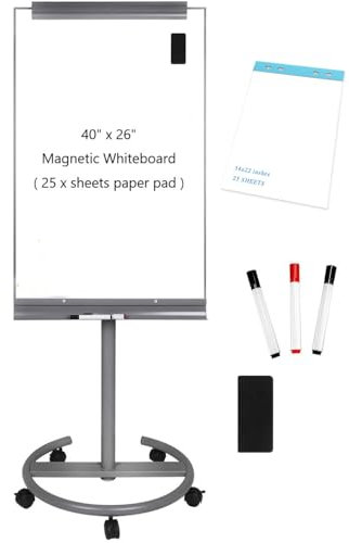 BIBOC Mobile Dry Erase Board – 40x26 inches Magnetic Portable Whiteboard Stand Adjustable Easel White Board Flipchart Easel Board with 25 Sheets Paper Pad 1 Eraser, 2Markers