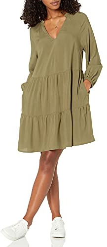 The Drop @caralynmirand Minivestido de Corte Escalonado con Volante en el Cuello para Mujer, Verde oliva, M