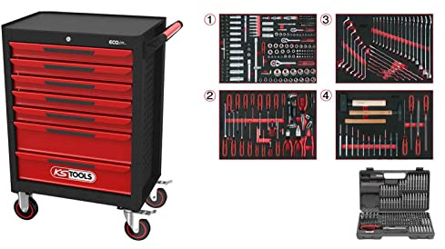 KS Tools 897.7515 Ecoline SCHWARZ/ROT Werkstattwagen, mit 515 Premium-Werkzeugen in 4 Einlagen u. 1/4 Bit-Satz in Box