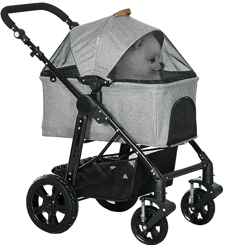 PawHut Dog Pram Pet Stroller for Small Dogs Cats, Foldable Dog Pushchair Trolley with Detachable Pet Carrier Bag, Shock Absorber, Adjustable Handlebar, Grey