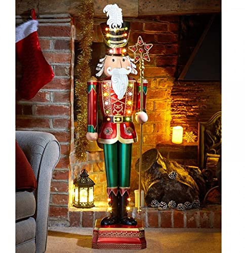 Marco Paul Traditional Metal Giant Nutcracker Statue with 23 Warm White LEDs, Christmas Ornaments, Battery Powered, Hand Painted, Festive Christmas Decorations