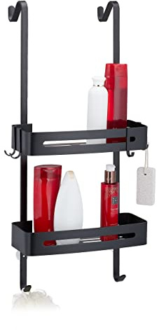 Relaxdays Mensola Portaoggetti da Doccia da Appendere, 2 Cesti, 8 Ganci, in Alluminio, Porta Shampoo e Sapone, Nero