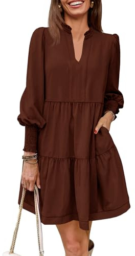 Imily Bela Womens Fall Long Sleeve Tunic Dress Casual V Neck Tiered Dress