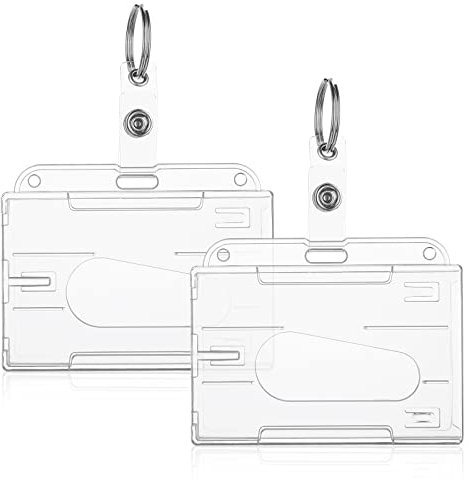 TIESOME Ausweishalter mit Schlüsselanhänger, 2er Pack strapazierfähiger Ausweishalter Schlüsselanhänger Hartplastik durchsichtiger Kartenschutz Daumenschlitz Kartenetui Schule Bürobedarf (horizontal)