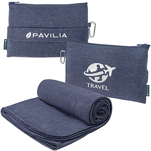 PAVILIA, Coperta da viaggio compatta con borsa, da aeroplano, con cuscino, per lunghi voli, leggera, con cinghia per bagagli, da campeggio, essenziale per i viaggiatori, blu navy, 165,1 x 101,6 cm