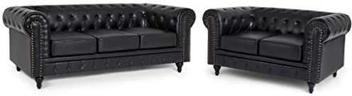 Bravich Chesterfield Sofa Set 2 and 3 Seater, Black Faux Leather Settee Suite with Scroll Arms and Button Studded Back, Living Room Sofas - 205cm + 160cm