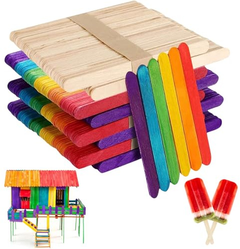 Palillos de madera para helado, 400 unidades, multicolor natural, 4 en 1 para manualidades, palos de madera coloridos, palitos de hielo de madera, espátulas de madera para manualidades, manualidades y
